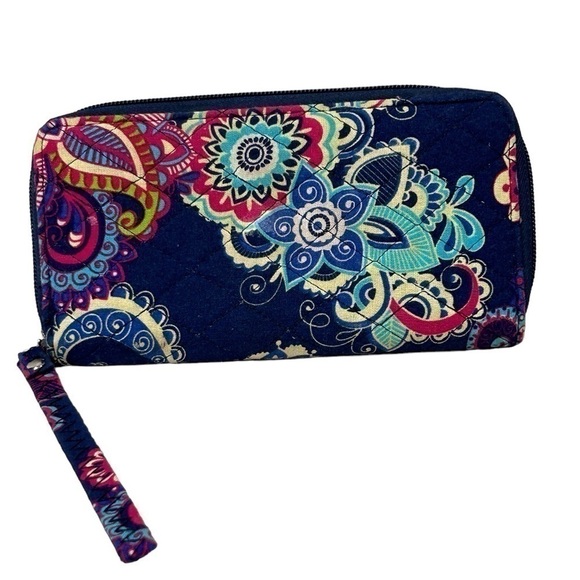 Wristlet Quilted Paisley/Floral Navy/Red/Blue/Yellow Wallet W/Strap EUC - Picture 1 of 6